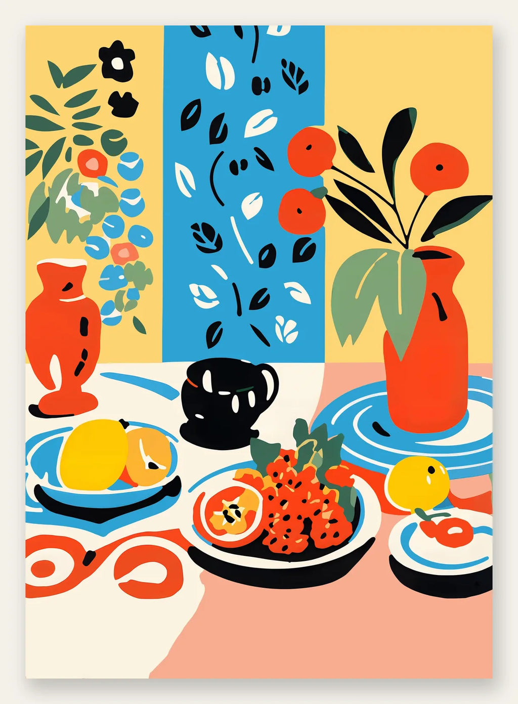 Affiche cuisine nature morte, table de fruits, vase et cafetiere coloree