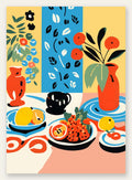Affiche cuisine nature morte, table de fruits, vase et cafetiere coloree