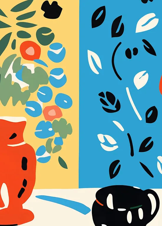 Gros plan sur la nature morte, les coupes de fruits et le vase de coquelicots