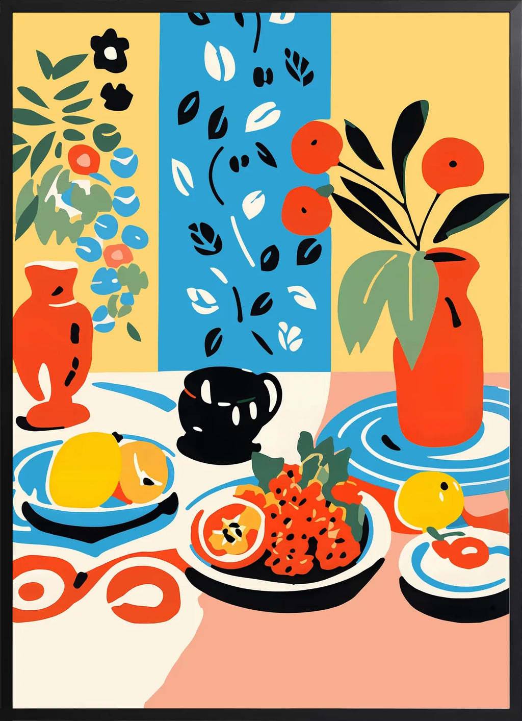 Encadrement noir mat autour de la nature morte table et fruits