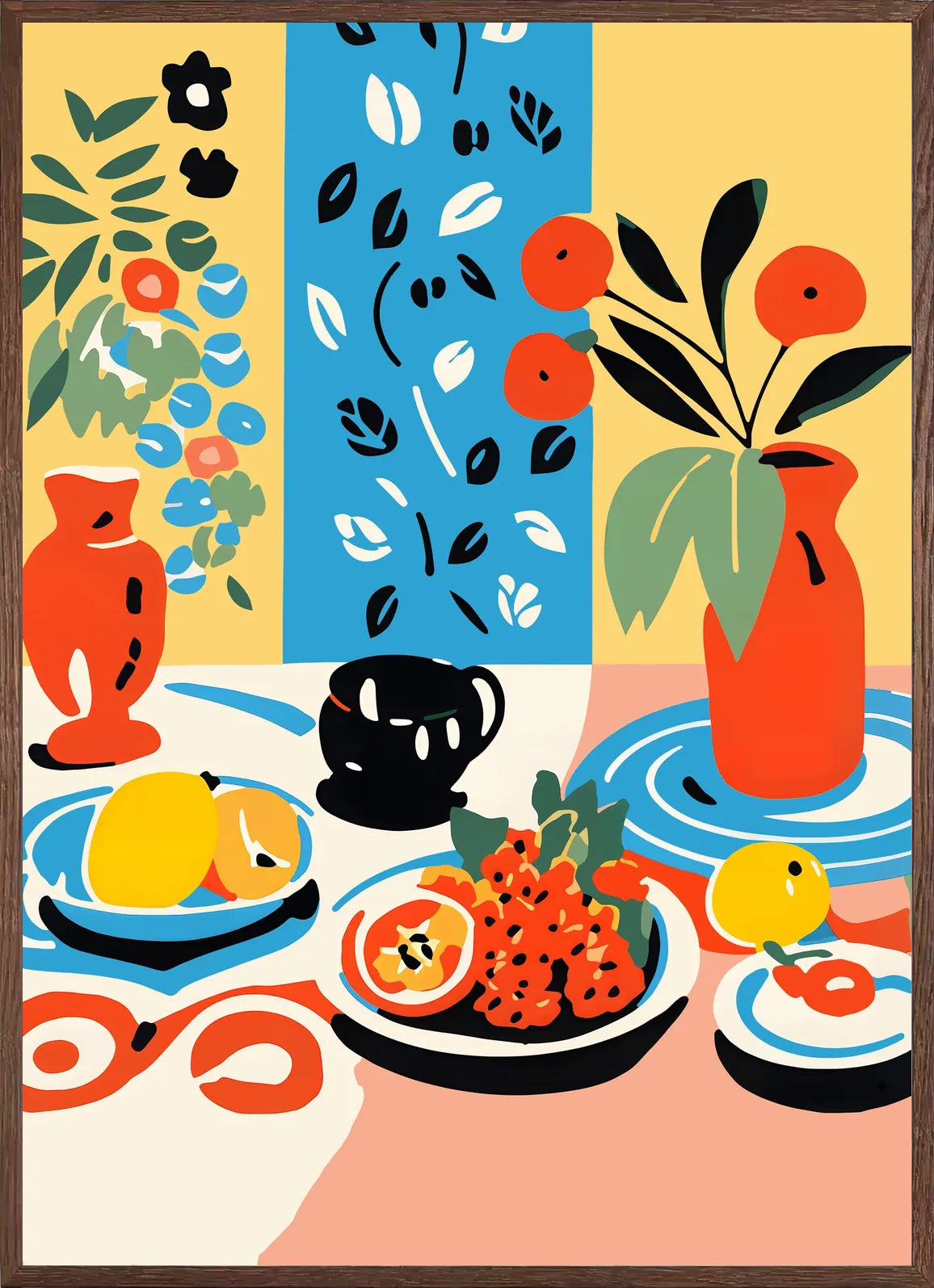 Cadre chene clair entourant l'affiche cuisine nature morte table fruits