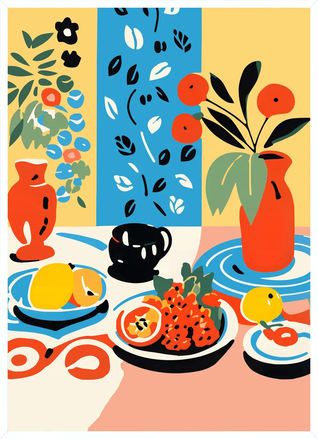 Cadre blanc epure presentant l'affiche cuisine nature morte coloree