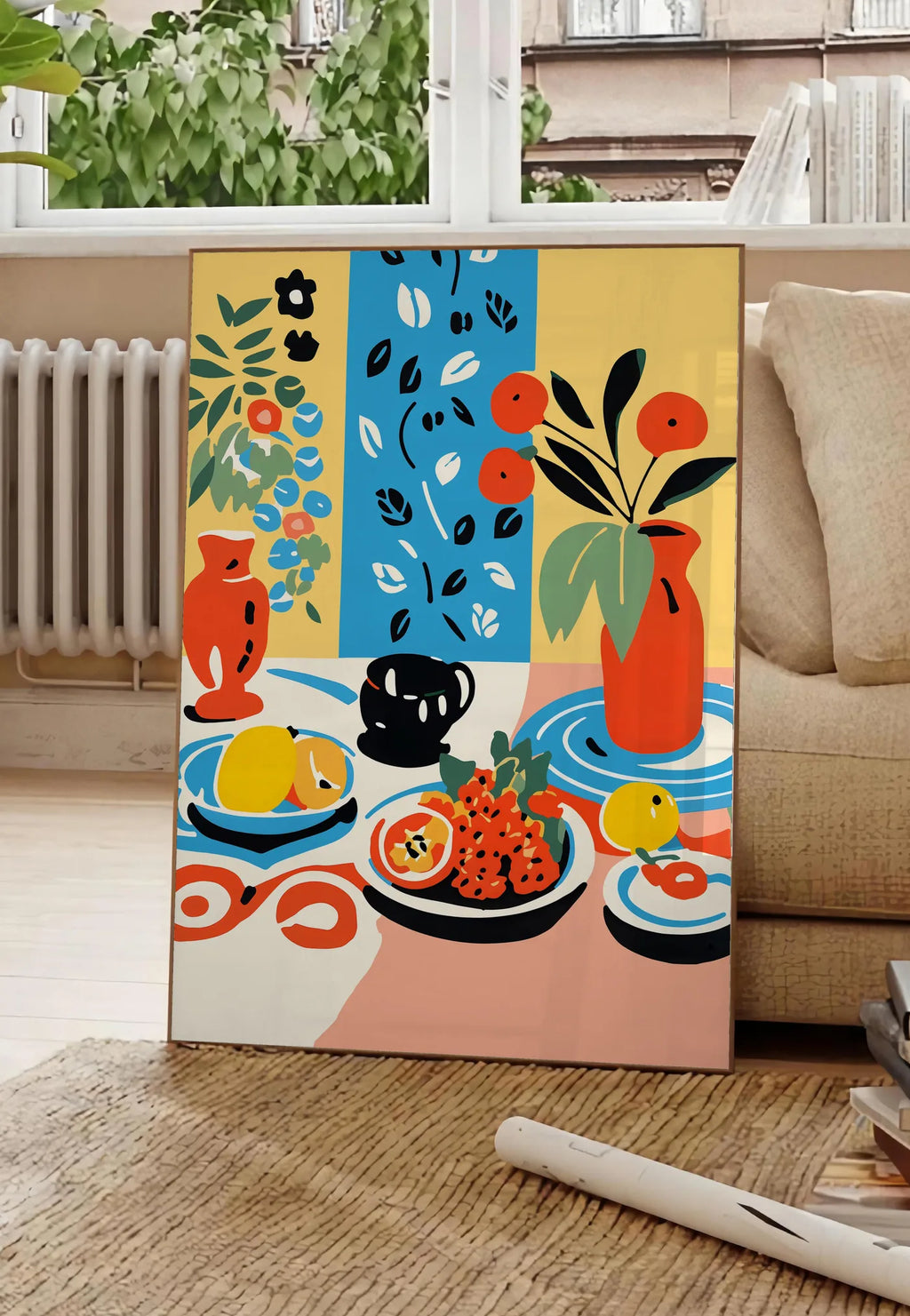Poster affiche cuisine nature morte, posee au sol dans un salon parisien, devant une grande fenetre donnant sur un immeuble haussmannien, entre un ficus et un canape creme