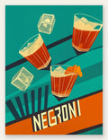 Affiche cocktail Negroni, verre a facettes et orange a l'aquarelle sur fond creme