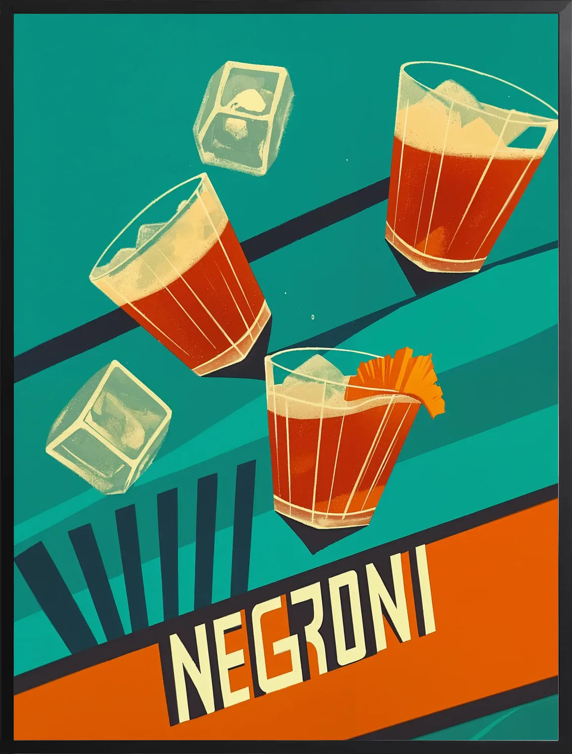 Encadrement noir mat autour du verre a negroni et orange aquarelle