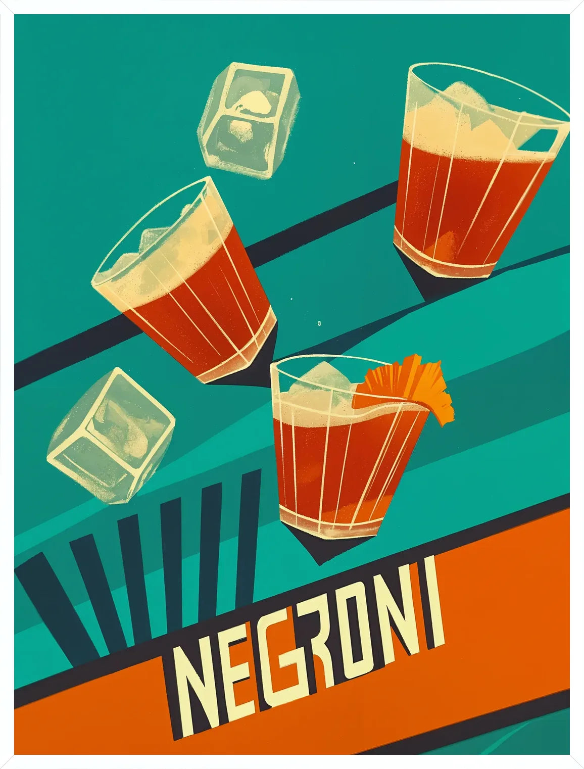 Cadre blanc epure presentant l'affiche cocktail negroni aquarelle