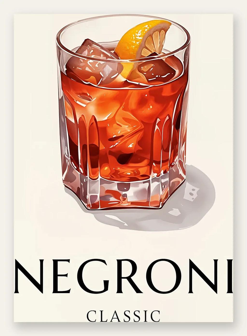 Affiche cocktail Negroni, trois verres et glacons sur bandes turquoise et orange