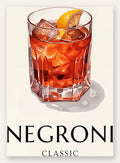 Affiche cocktail Negroni, trois verres et glacons sur bandes turquoise et orange