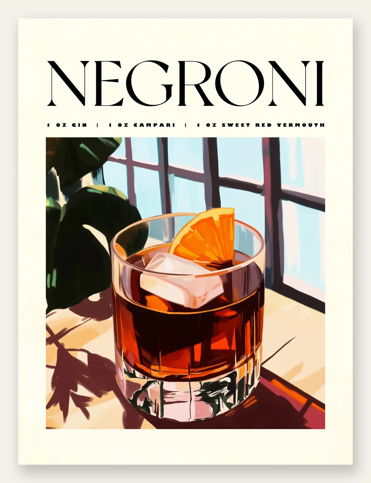 Affiche cocktail Negroni, verre au bord d'une fenetre ensoleillee et feuille de monstera