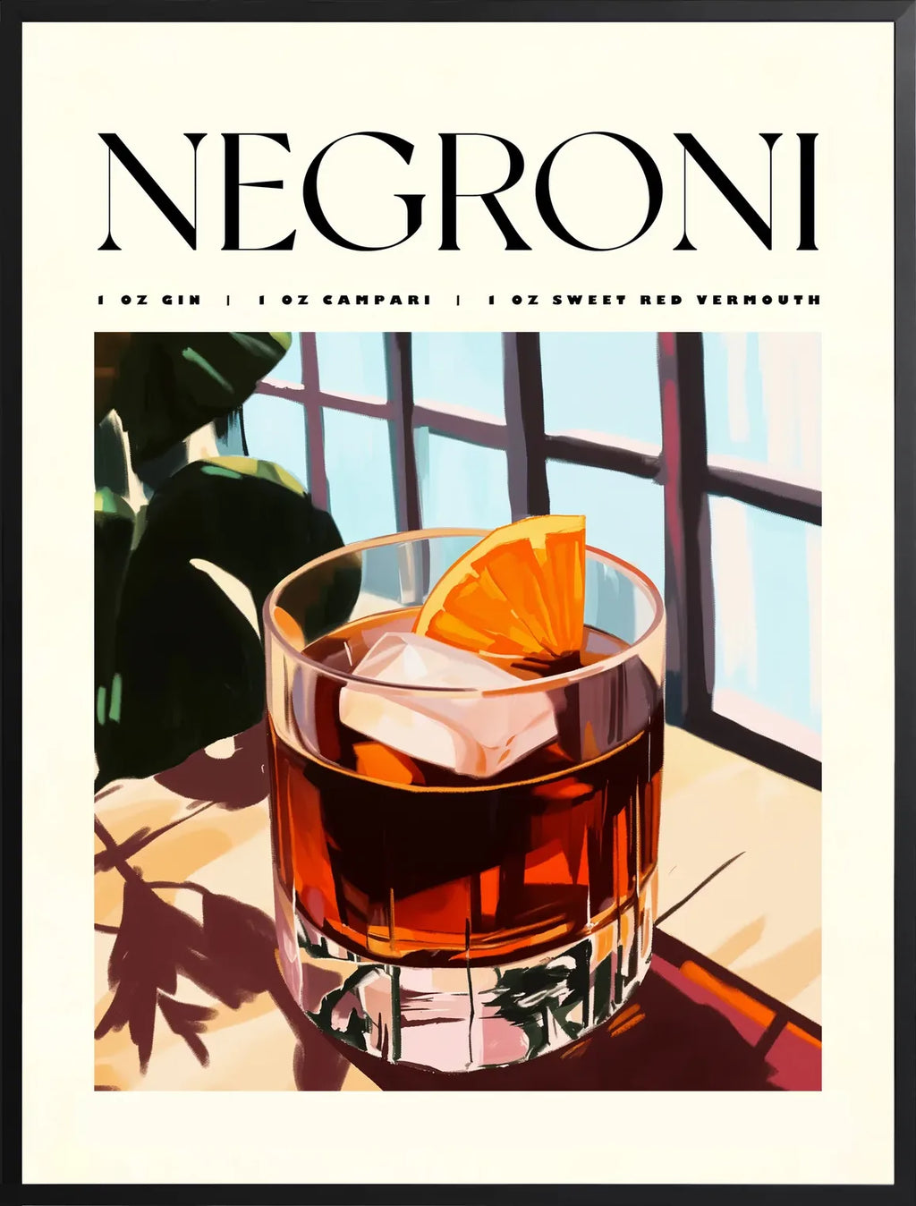 Encadrement noir mat autour du verre a negroni pres de la fenetre