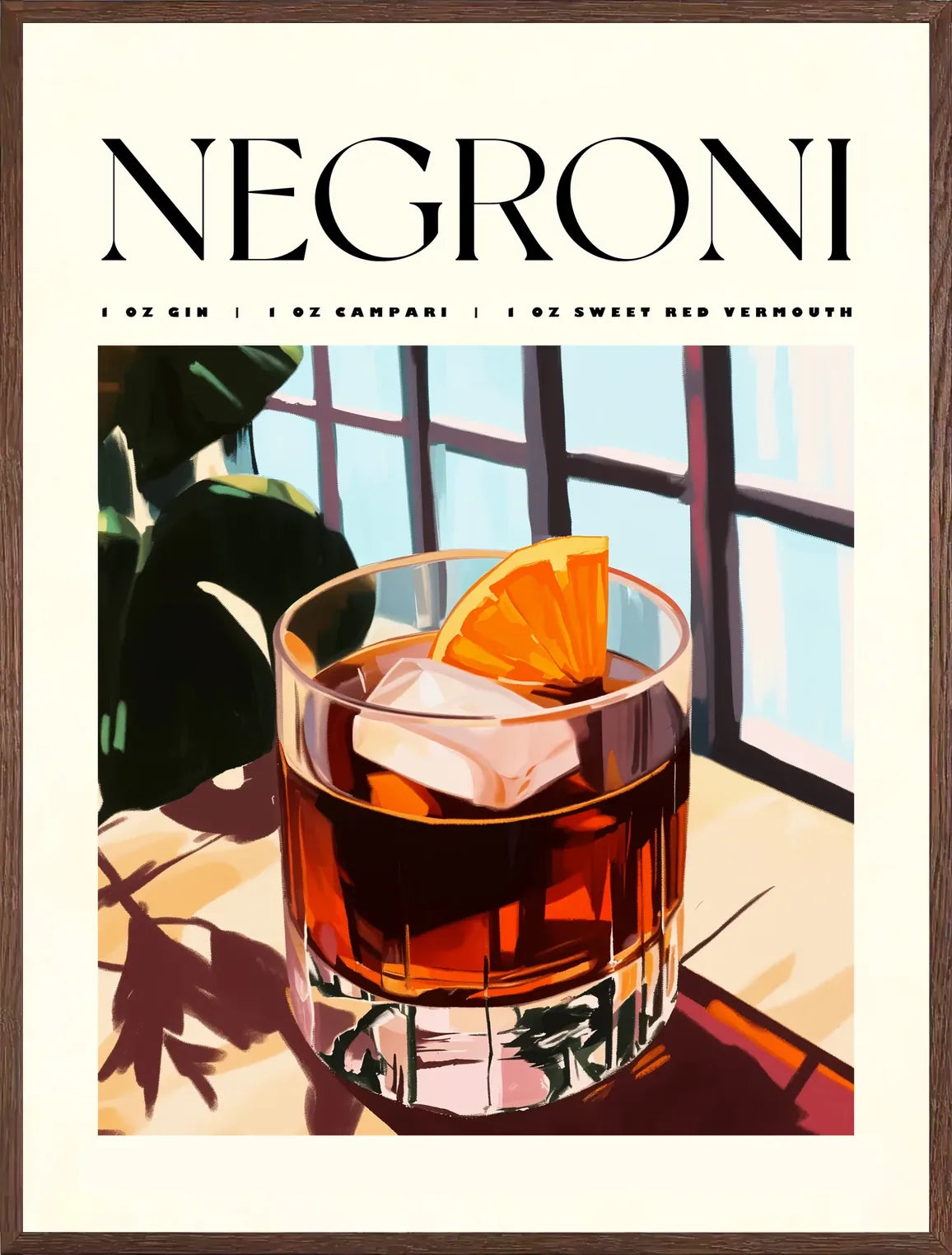 Cadre chene clair entourant l'affiche negroni peinture soleil