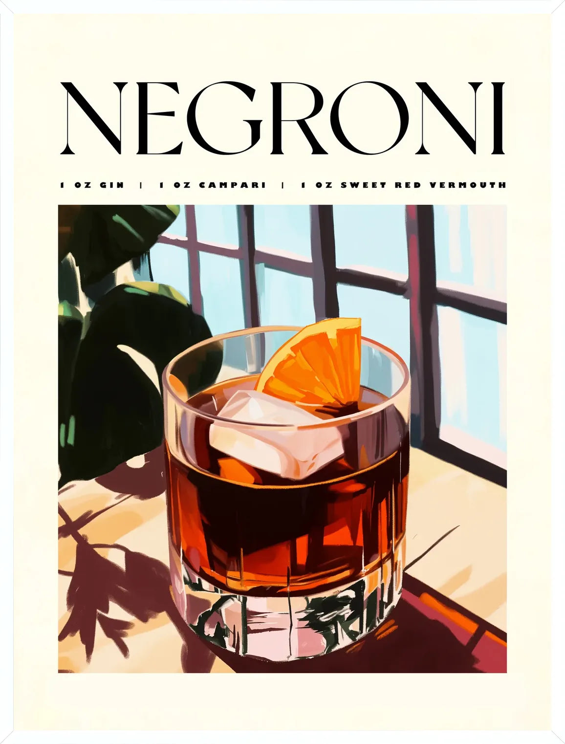 Cadre blanc epure presentant l'affiche cocktail negroni peinture
