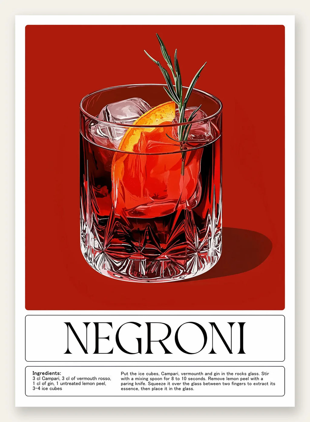 Affiche cocktail Negroni, verre en cristal et recette sur fond rouge profond