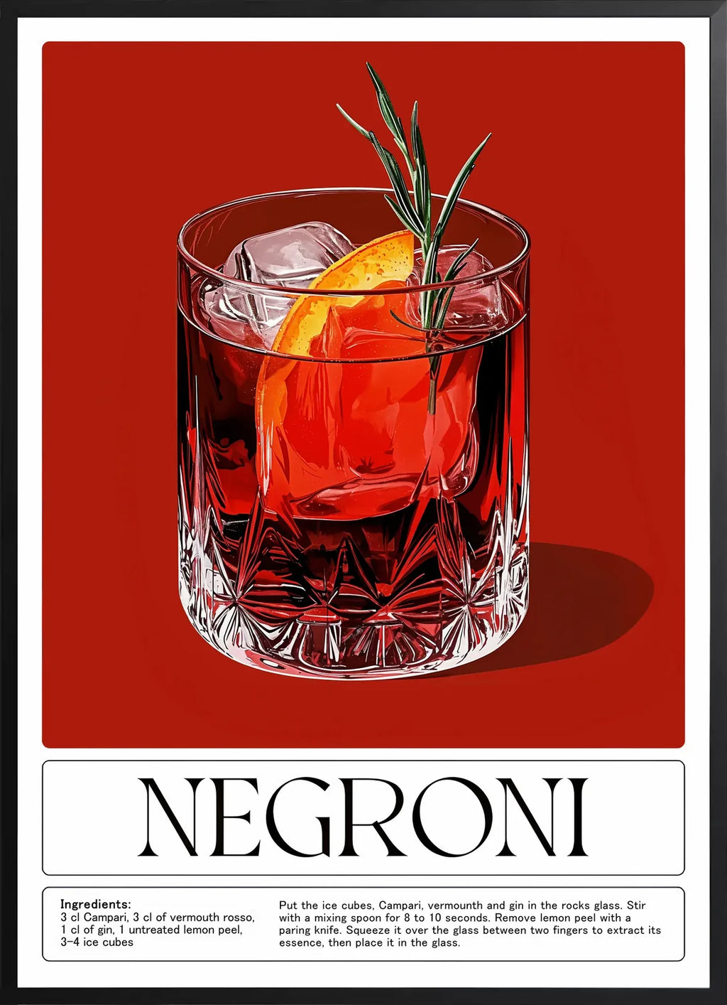 Encadrement noir mat autour du verre a negroni et zeste d'orange