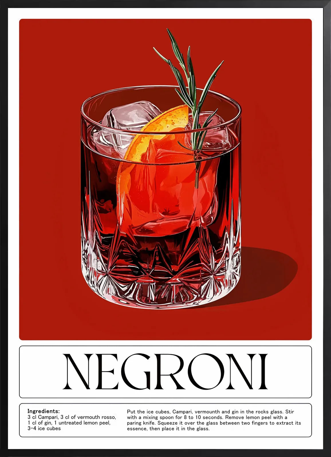 Encadrement noir mat autour du verre a negroni et zeste d'orange