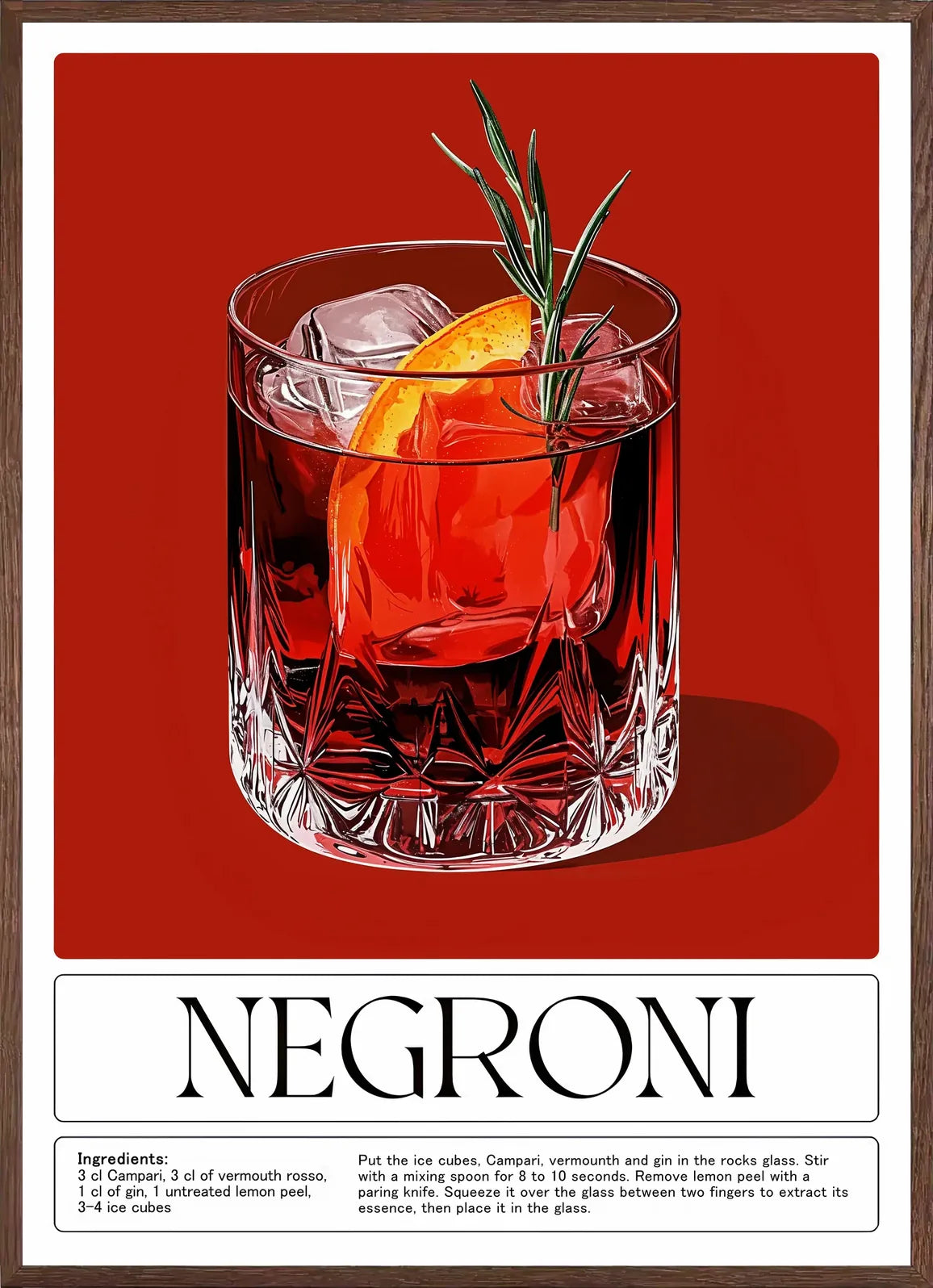 Cadre chene clair entourant l'affiche negroni recette rouge