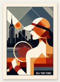 Profil d'une joueuse de tennis en profil, raquette stylisee et skyline de New York, palette noir d'ivoire rouge brique ocre jaune