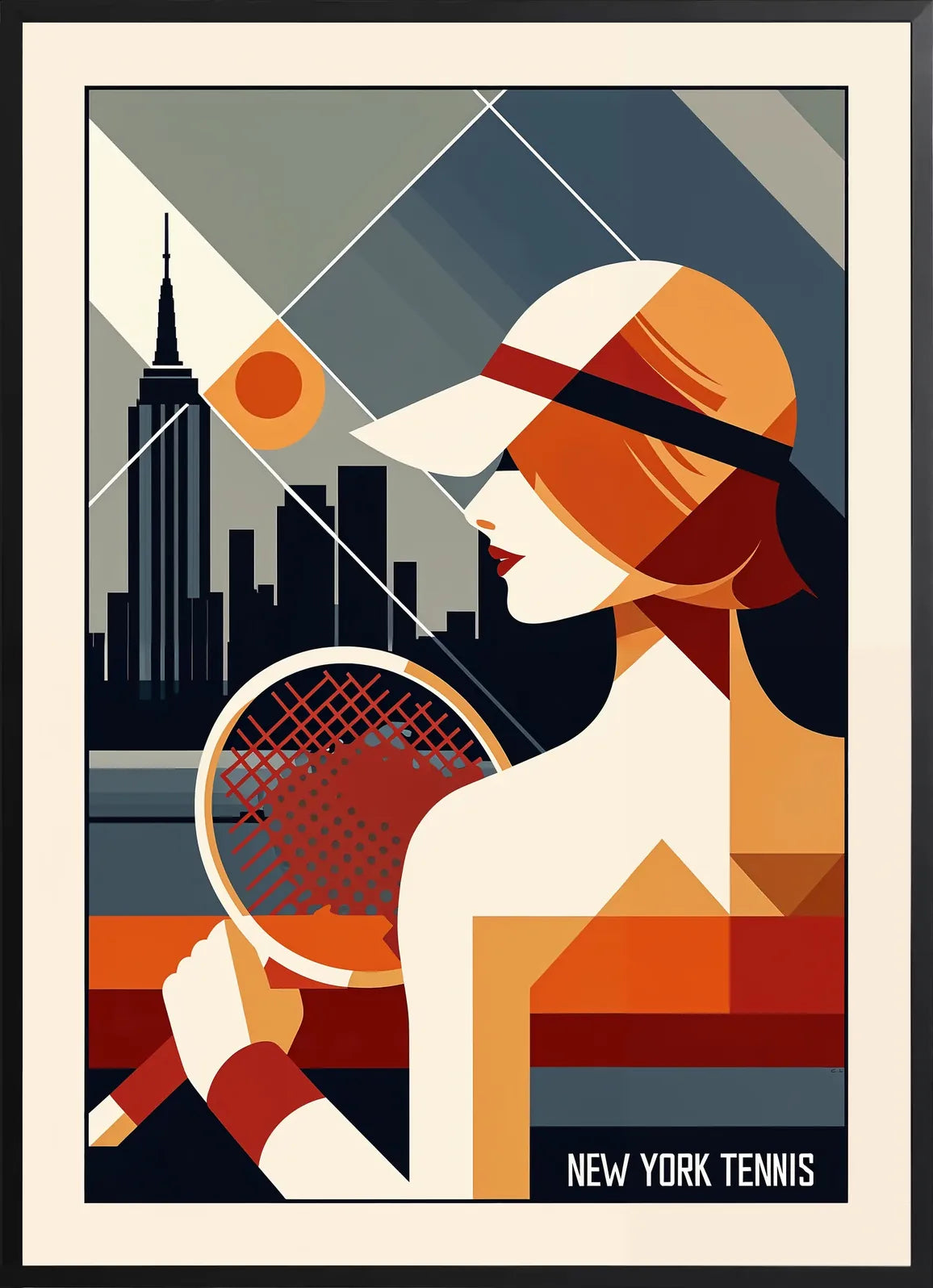 Silhouette de gratte-ciels et joueuse de tennis en cadre noir mat, contraste fort sur la bande typographique blanche