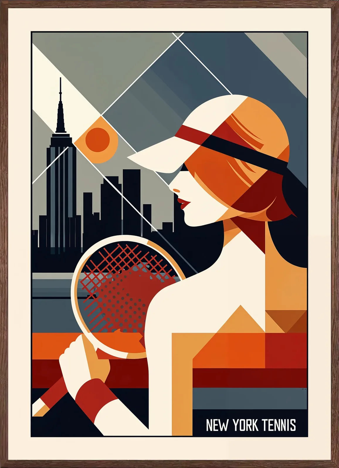 En chene joueuse de tennis New York encadree en chene clair, finition mat, raquette diagonale et disque solaire orange