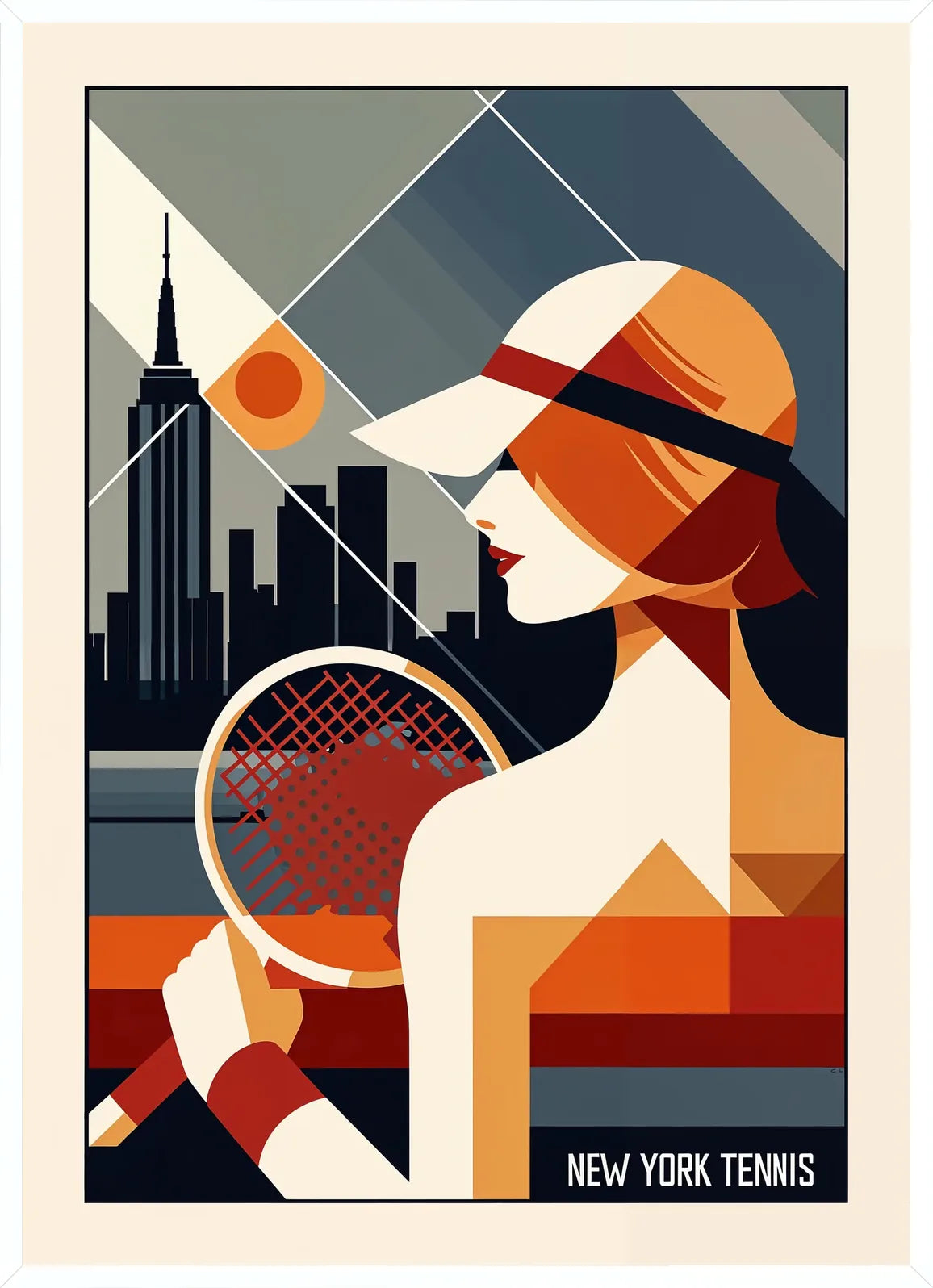 Fine raquette de tennis stylisee en cadre blanc fin et minimal, typographie en capitales sur bande noire