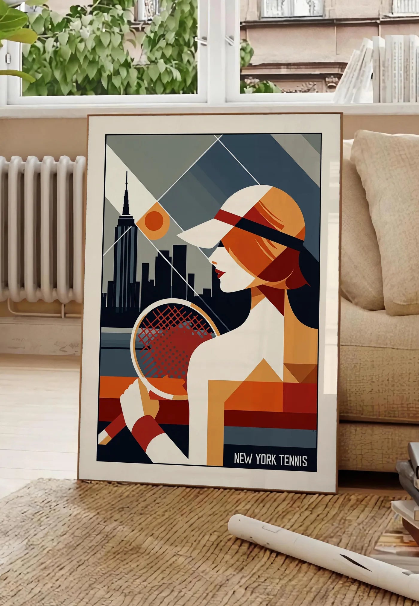 Poster profil d'une joueuse de tennis en profil, posee au sol dans un salon parisien, devant une grande fenetre donnant sur un immeuble haussmannien, entre un ficus et un canape creme