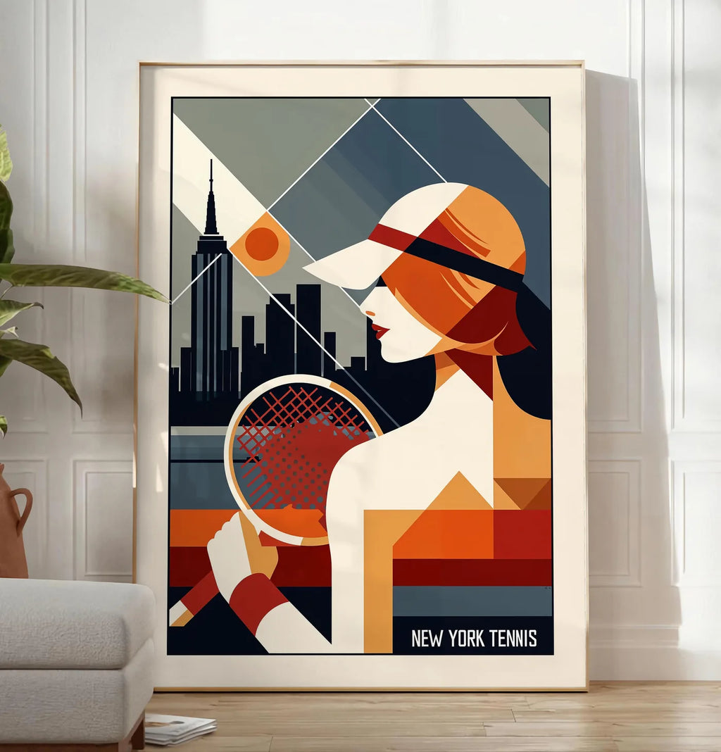 Reproduction profil d'une joueuse de tennis en profil, posee au sol dans un salon minimaliste clair, a cote d'un canape beige et d'une plante verte, sur un parquet clair