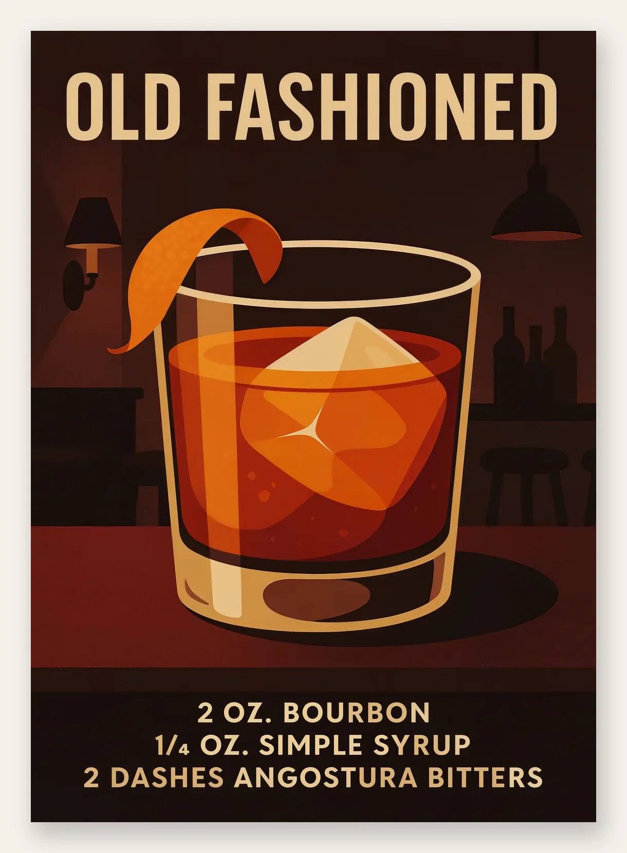 Affiche cocktail Old Fashioned, verre de whisky ambre, glacon et zeste d'orange