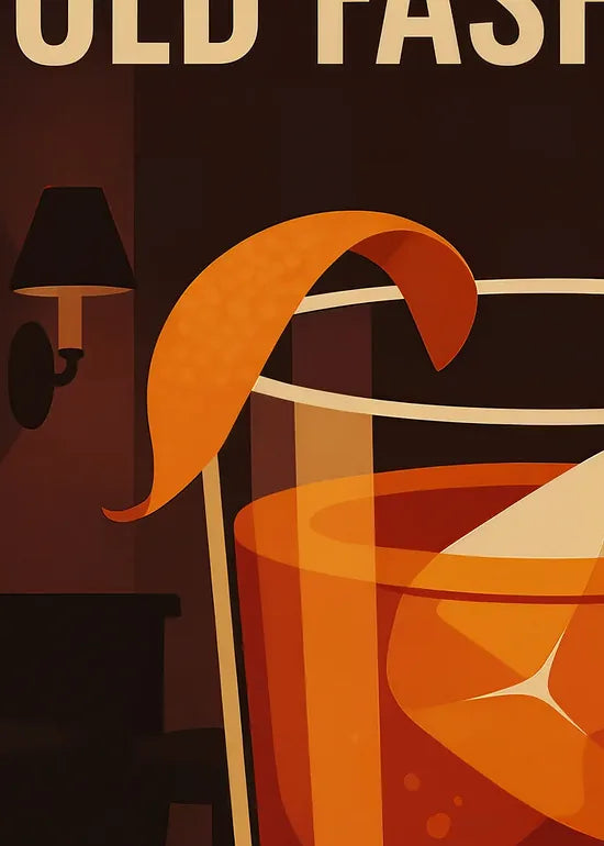 Gros plan sur le verre old fashioned, whisky ambre et glacon