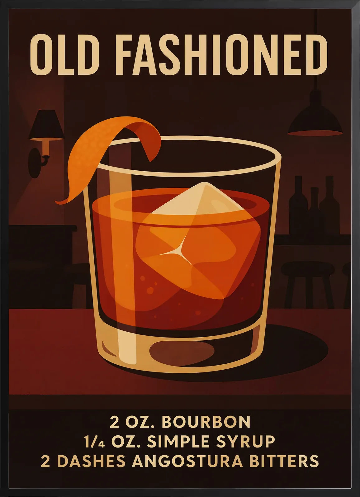 Encadrement noir mat autour du verre old fashioned et zeste d'orange
