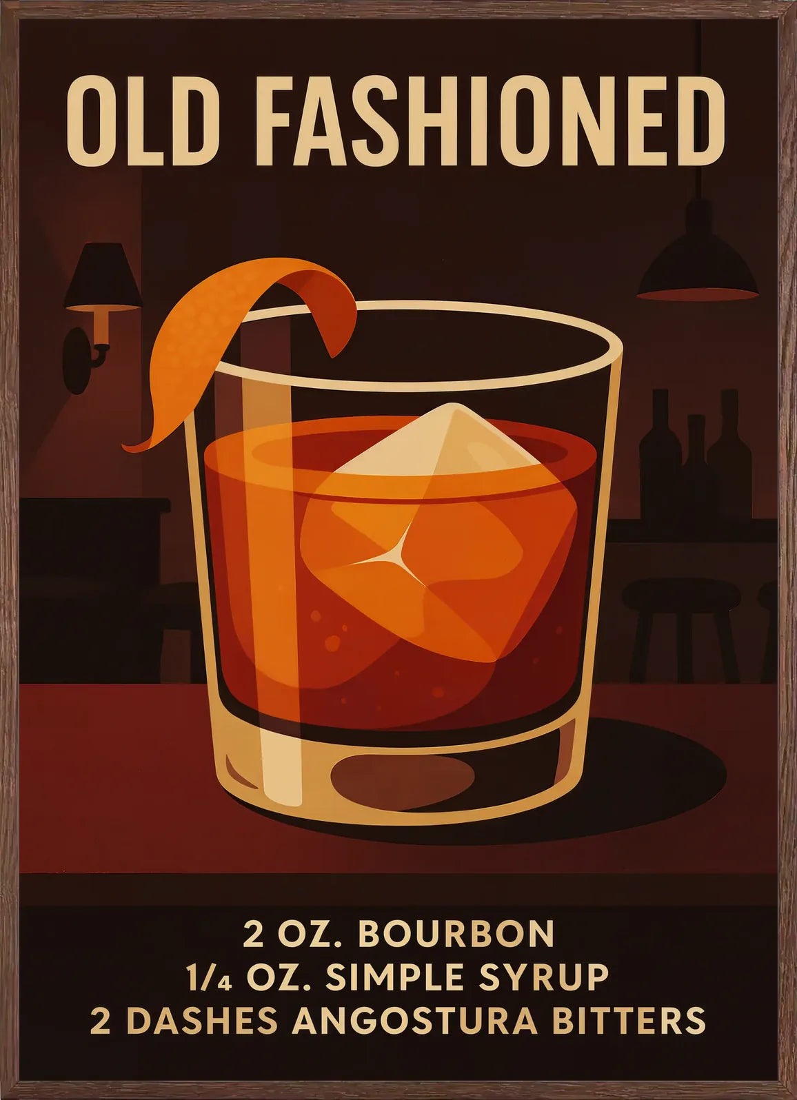 Cadre chene clair entourant l'affiche old fashioned whisky ambre