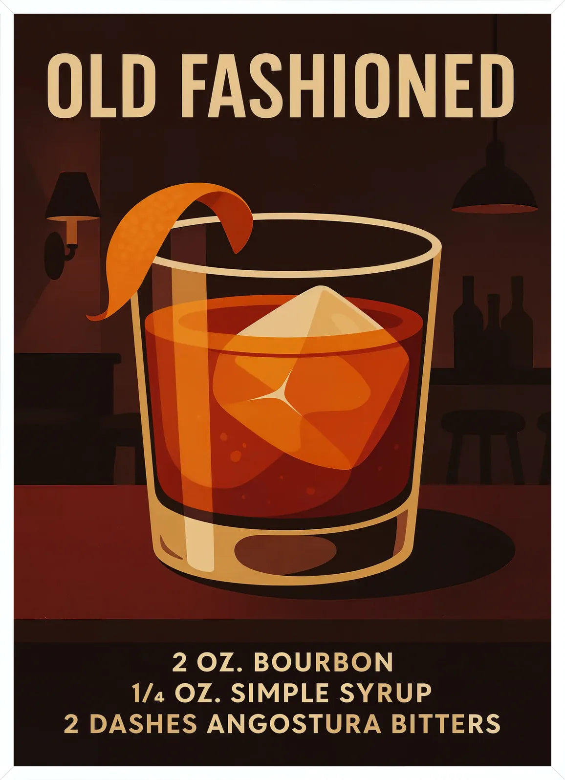 Cadre blanc epure presentant l'affiche cocktail old fashioned mid-century