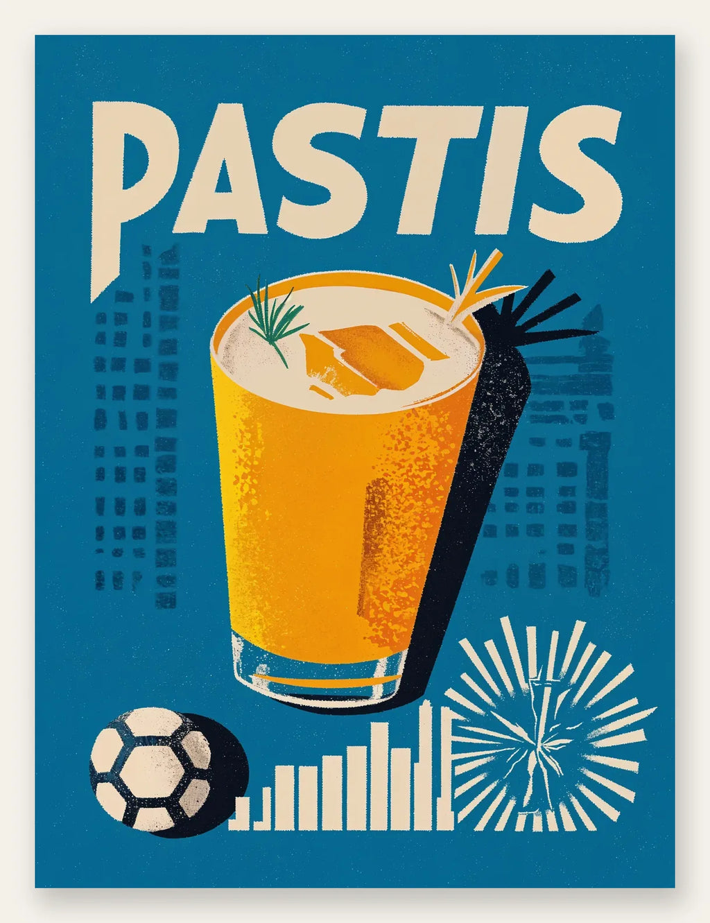 Affiche cocktail Pastis Marseille, verre jaune et glace devant une ville bleue