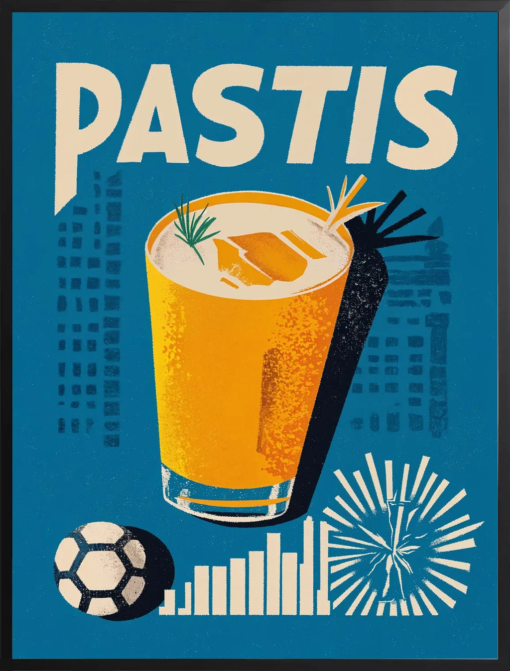 Encadrement noir mat autour du verre de pastis et ville bleue