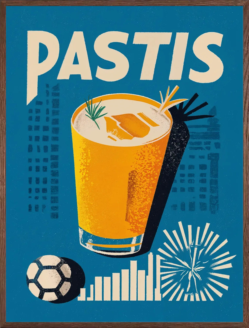 Cadre chene clair entourant l'affiche pastis Marseille bleu et jaune