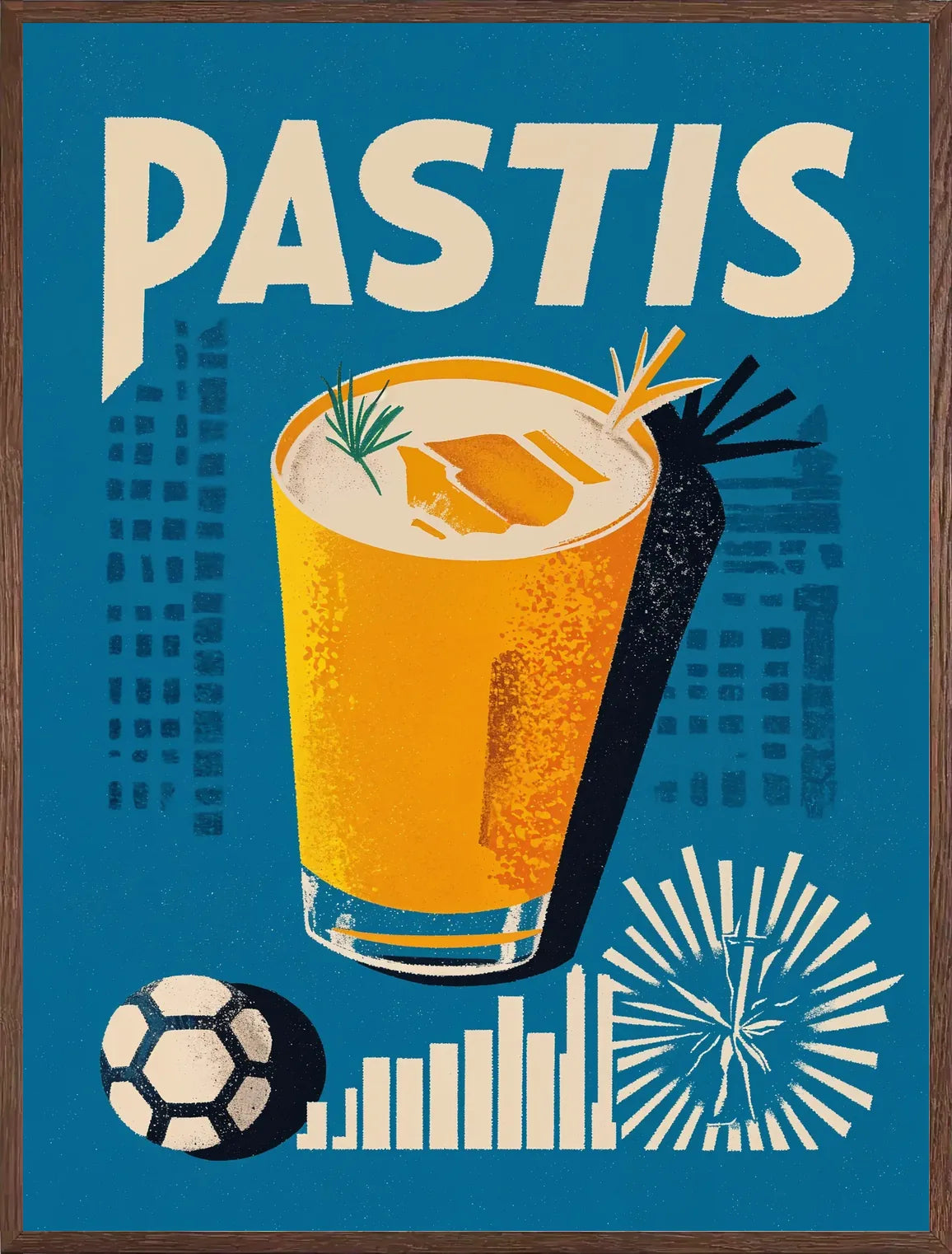 Cadre chene clair entourant l'affiche pastis Marseille bleu et jaune