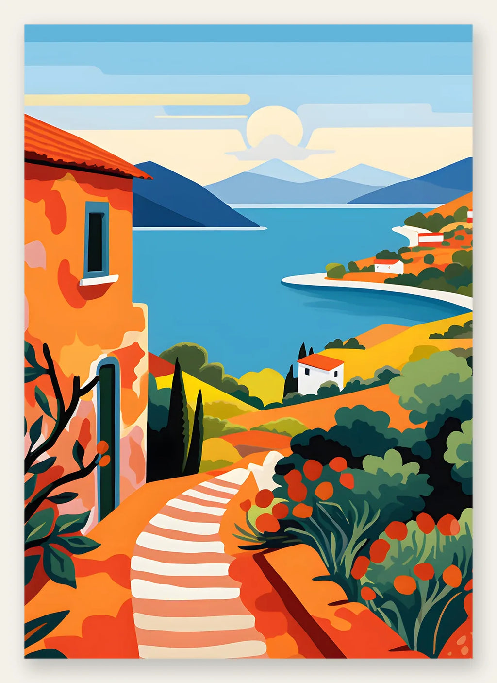 Affiche paysage cote mediterranee, maison terracotta et baie bleue avec escalier blanc