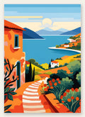 Affiche paysage cote mediterranee, maison terracotta et baie bleue avec escalier blanc