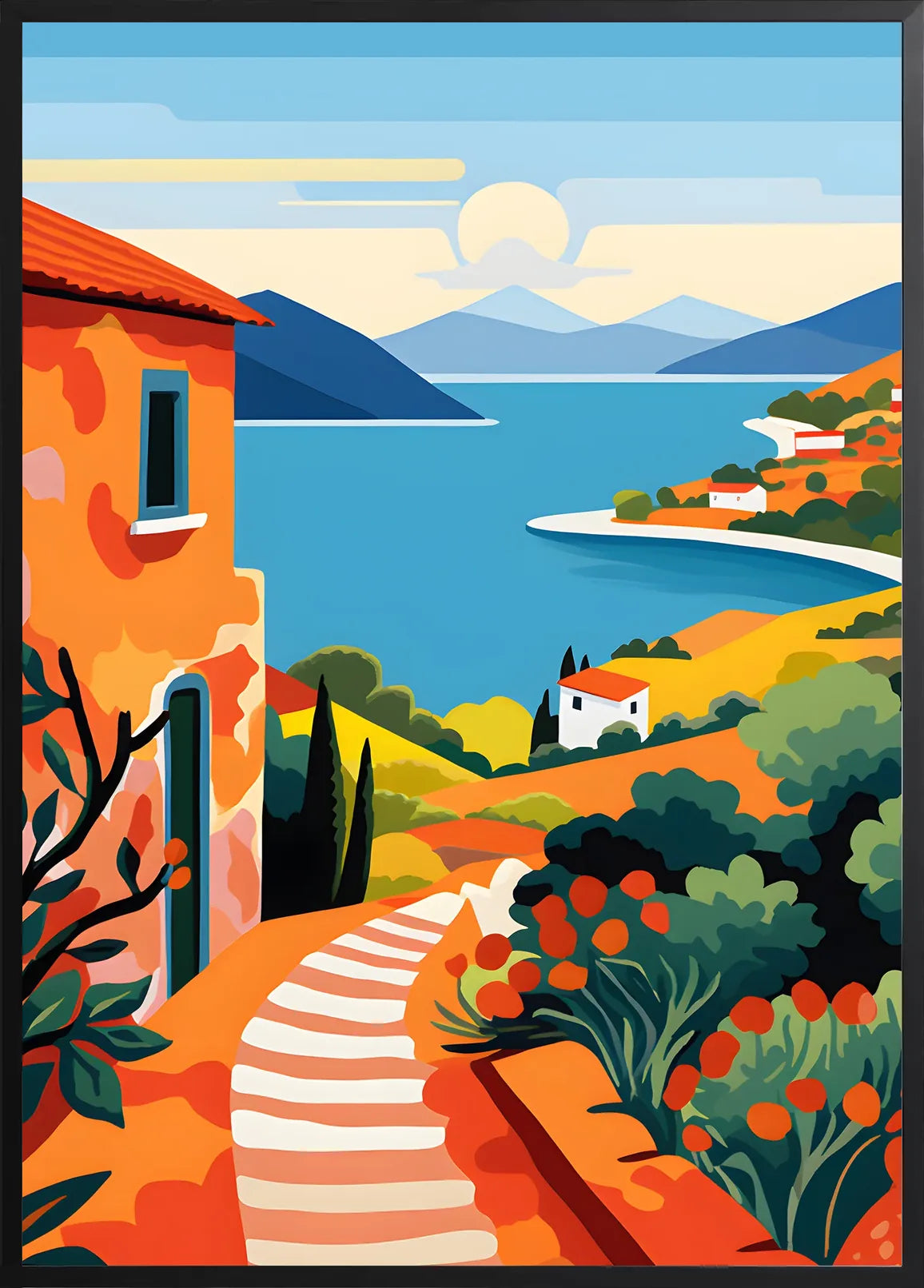 Encadrement noir mat autour du paysage de cote mediterranee et de la baie