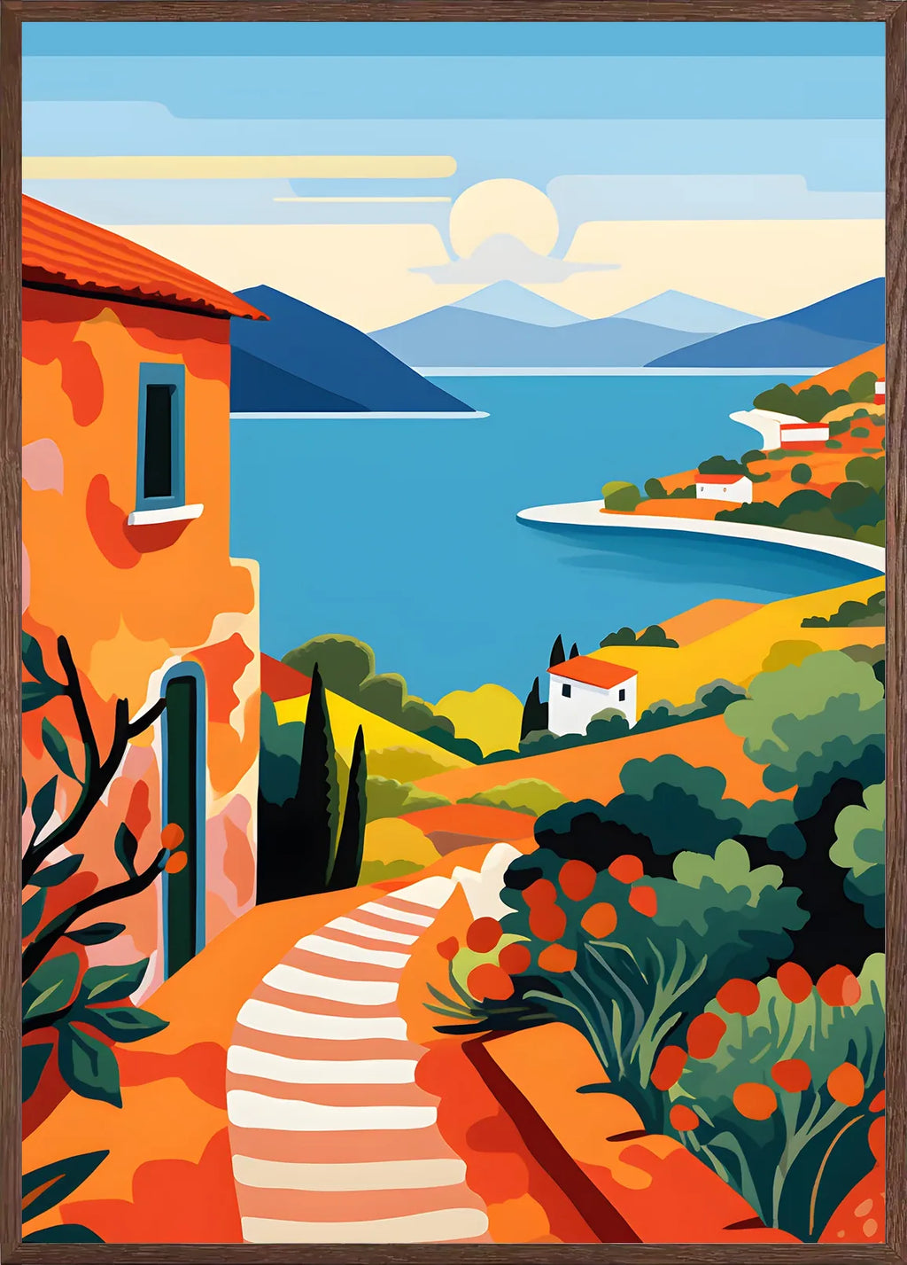 Cadre chene clair entourant l'affiche paysage cote mediterranee village