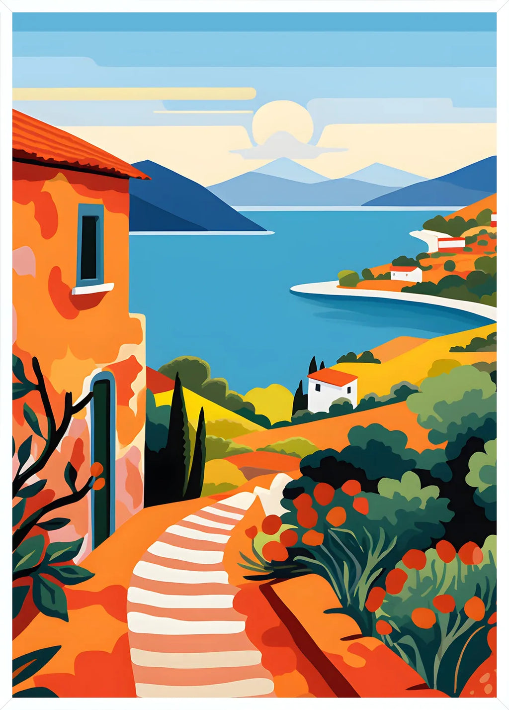 Cadre blanc epure presentant l'affiche paysage cote mediterranee orange