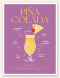 Affiche cocktail Pina Colada, verre tropical jaune, ananas et cerise sur fond mauve