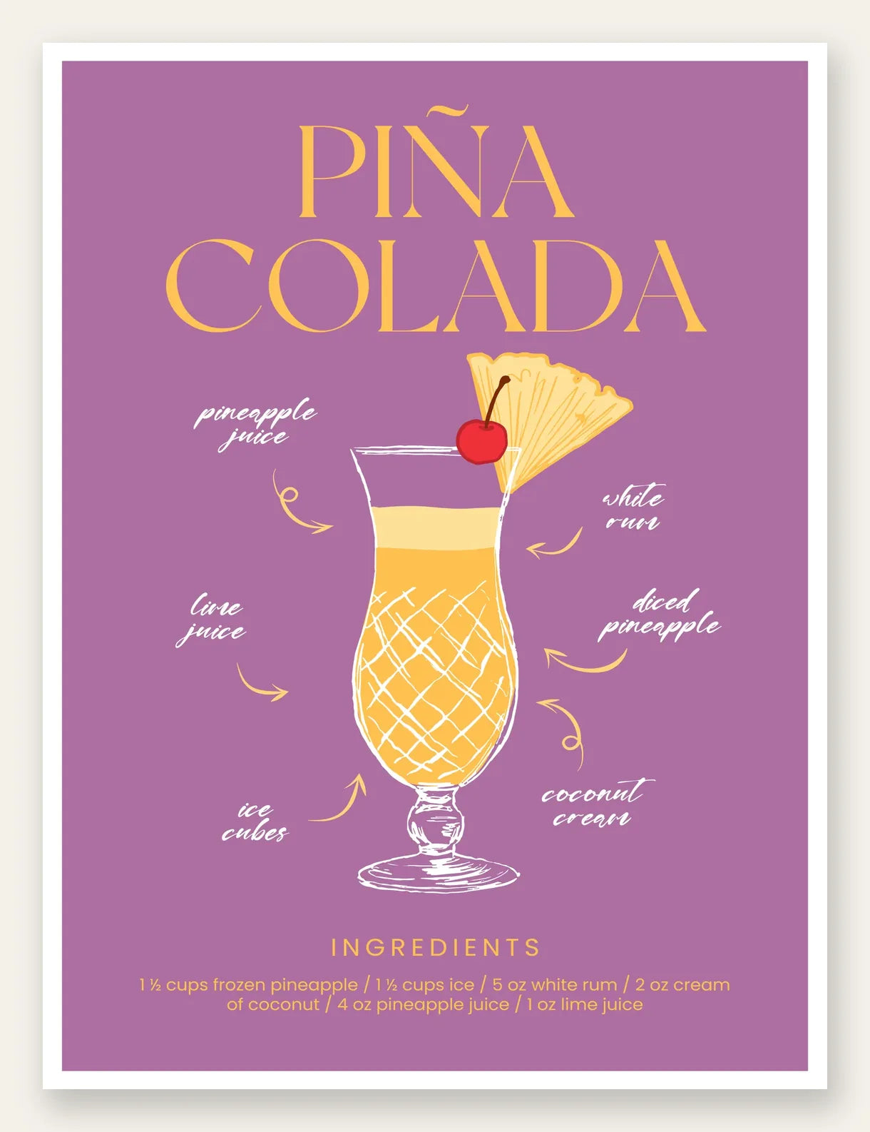 Affiche cocktail Pina Colada, verre tropical jaune, ananas et cerise sur fond mauve