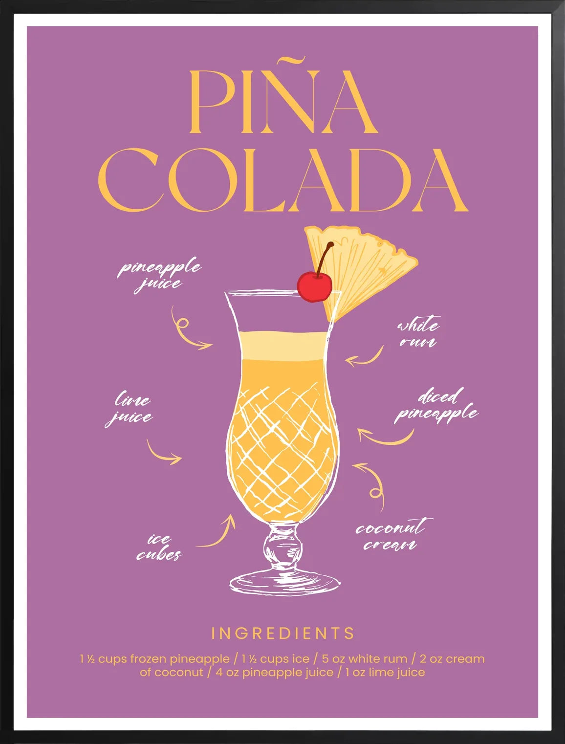 Encadrement noir mat autour du verre a pina colada et ananas