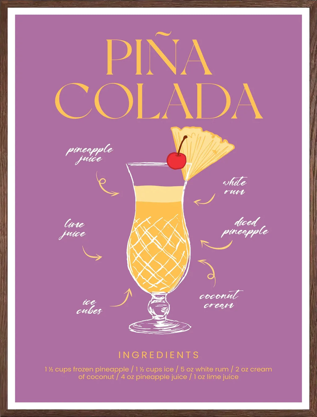 Cadre chene clair entourant l'affiche pina colada jaune et mauve