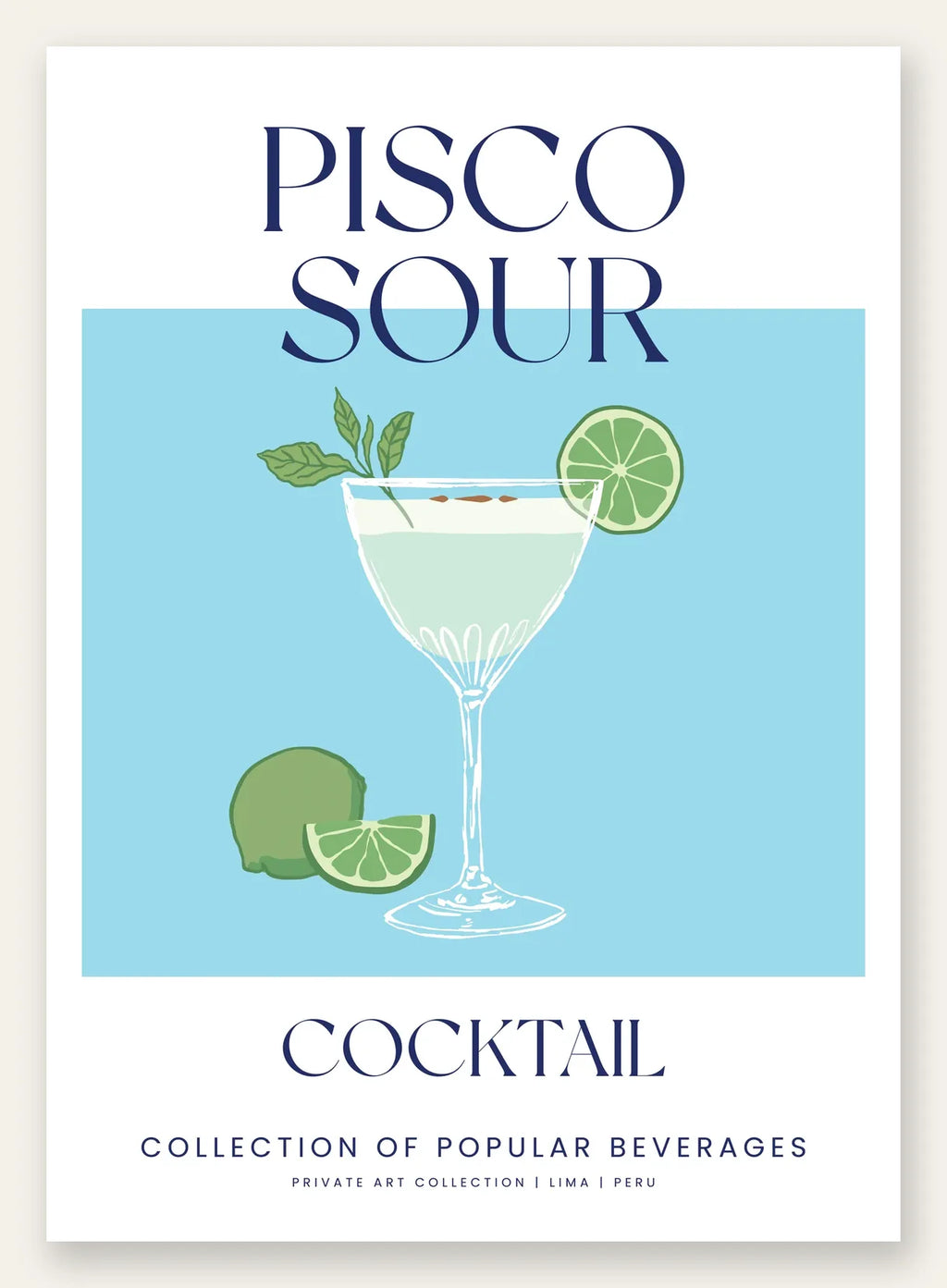 Affiche cocktail Pisco Sour, verre coupe, citron vert et menthe sur fond bleu ciel
