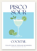 Affiche cocktail Pisco Sour, verre coupe, citron vert et menthe sur fond bleu ciel