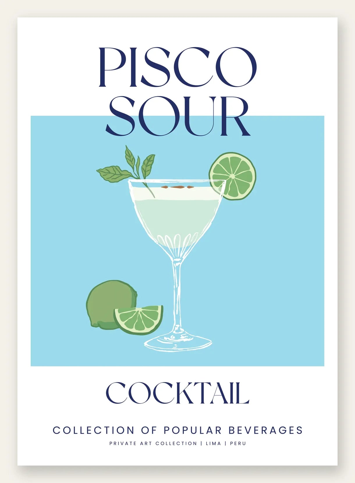 Affiche cocktail Pisco Sour, verre coupe, citron vert et menthe sur fond bleu ciel