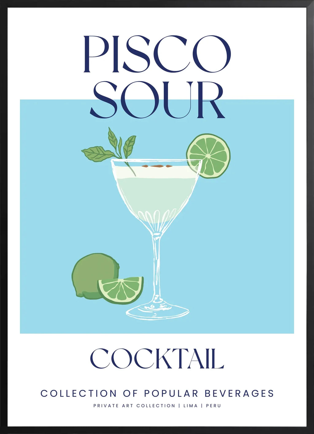 Encadrement noir mat autour du verre a pisco sour et citron vert