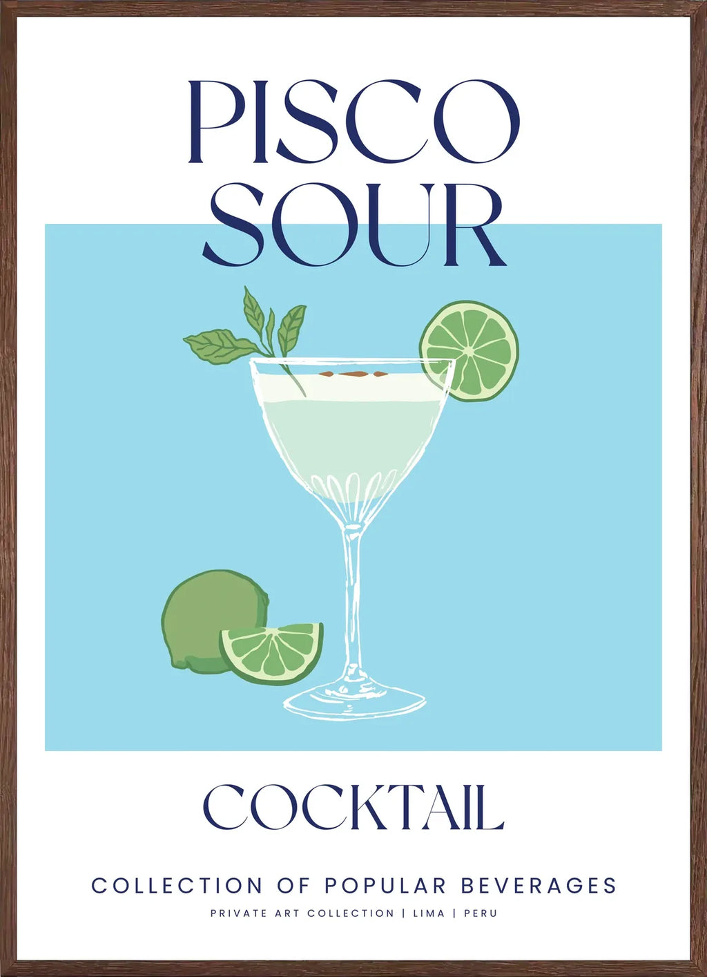 Cadre chene clair entourant l'affiche pisco sour bleu et citron vert