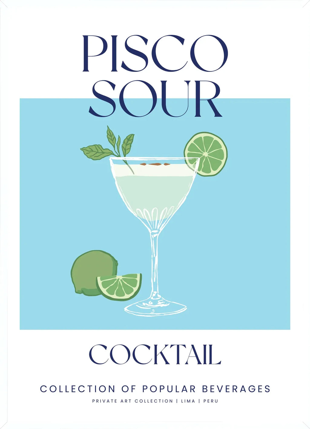 Cadre blanc epure presentant l'affiche cocktail pisco sour bleu